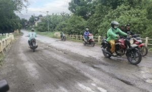 Ngeri, Lubang Jalan di Tengah Jembatan Perbatasan Srengseng-Jatilaba Margasari